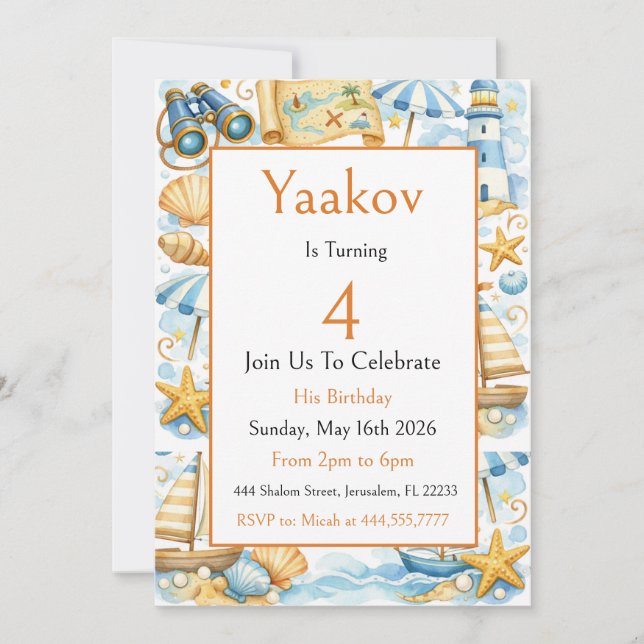 Little Coastal Explorer 4th Birthday For Boy Invitation (Front)