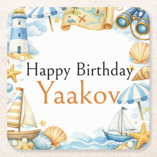 Little Coastal Explorer 4th Birthday For Boy Square Paper Coaster