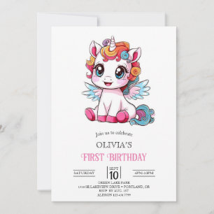 Little Colourful Digital Unicorn 1st Birthday Invitation