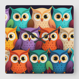 Little Colourful Owls Square Wall Clock