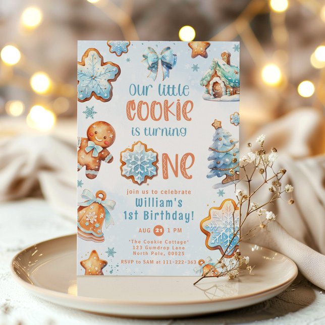 Little Cookie Blue boy 1st birthday Christmas Invitation (Creator Uploaded)