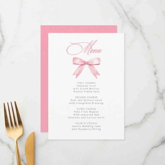 Little Coquette Is On The Way Pink Bow Baby Shower Menu (Front/Back In Situ)