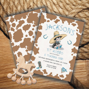 Little Cowboy 1st Rodeo Cow pattern Birthday Party Invitation