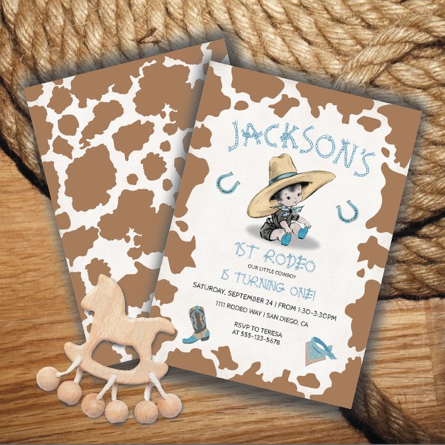 Little Cowboy 1st Rodeo Cow pattern Birthday Party Invitation (Creator Uploaded)
