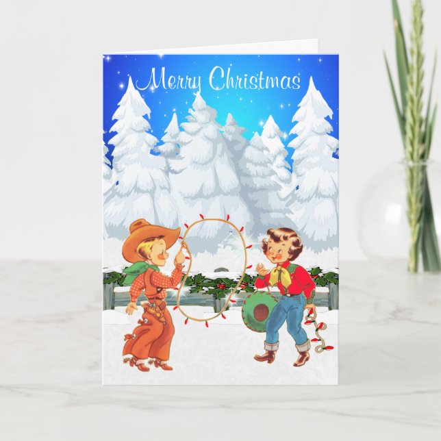 Little Cowboy and Cowgirl With Rope Lights Winter Holiday Card (Front)