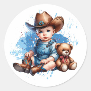 Little Cowboy and Teddy Bear Baby Shower Classic Round Sticker