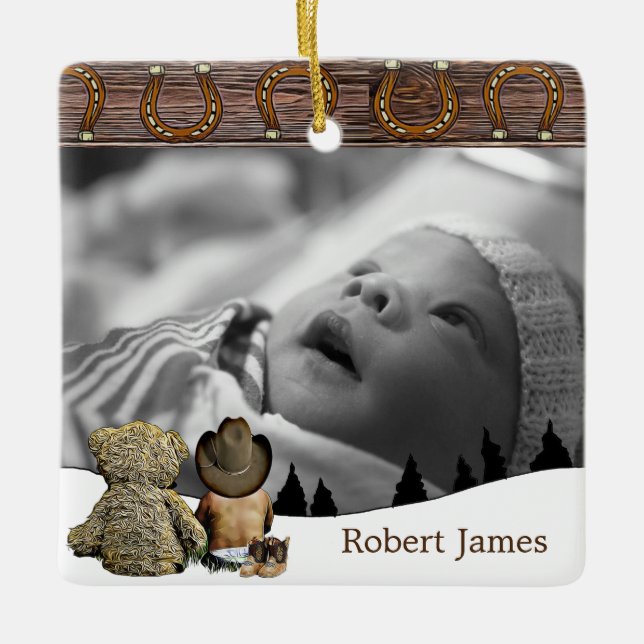 Little Cowboy and Teddy Bear Country Christmas Ceramic Ornament (Front)