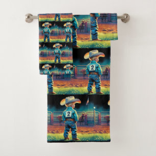 Little Cowboy at Rodeo Fence American Flag Horses Bath Towel Set