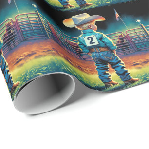 Little Cowboy at Rodeo Fence American Flag Horses Wrapping Paper