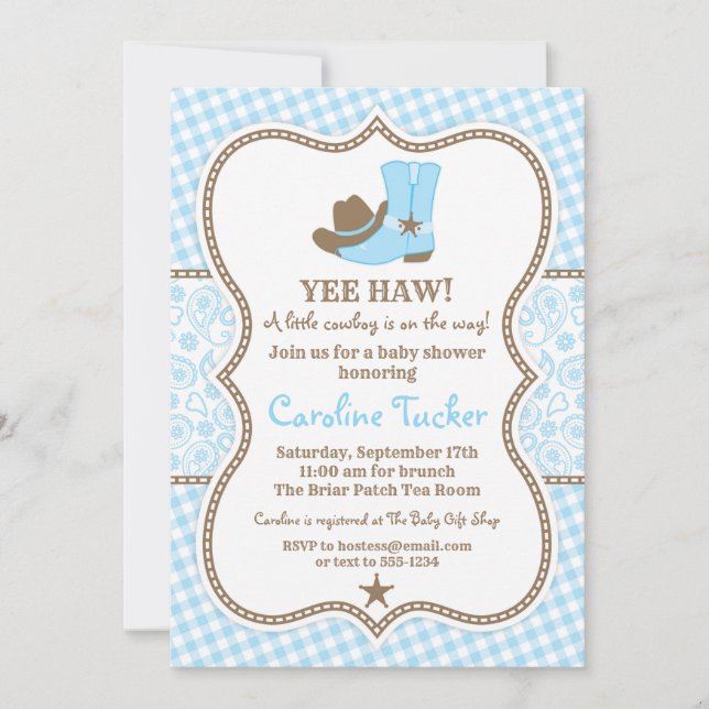Little Cowboy Baby Shower Invitation blue & brown (Front)