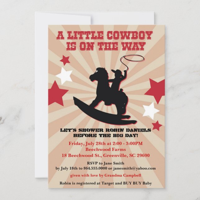 Little Cowboy Baby Shower Invite, Rocking Horse Invitation (Front)