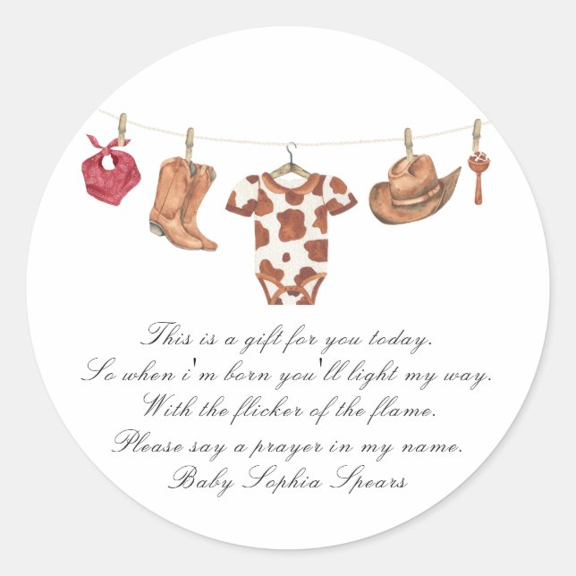 Little cowboy baby shower - Prayer candle label (Front)
