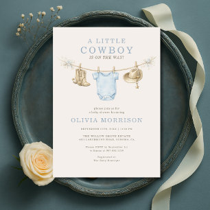 Little Cowboy Blue Clothesline Boy Baby Shower Invitation