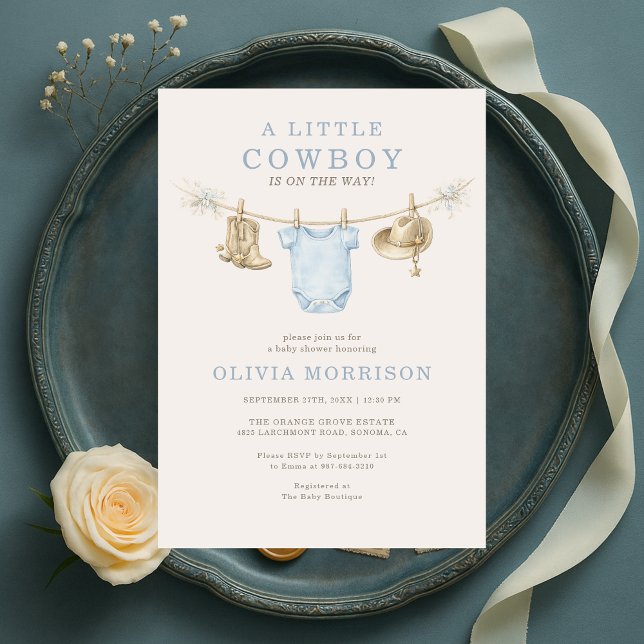 Little Cowboy Blue Clothesline Boy Baby Shower Invitation (Creator Uploaded)