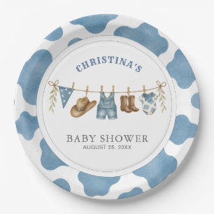 Little Cowboy Blue Cow Print Baby Shower Paper Plate
