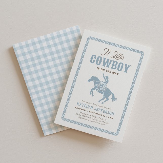 Little Cowboy Blue Gingham Baby Shower Invitation (Creator Uploaded)