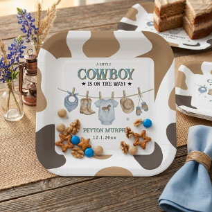 Little Cowboy Clothesline Baby Shower Square Paper Plate