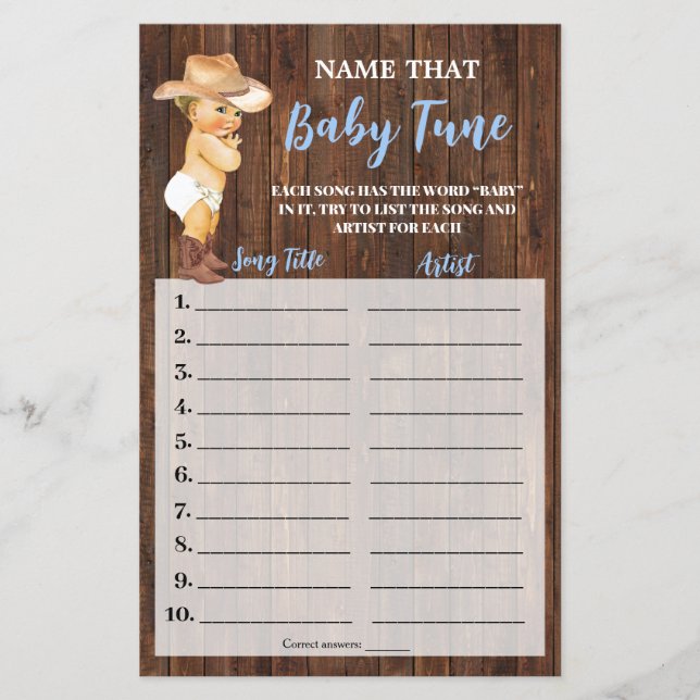 Little Cowboy Name that Baby Tune Shower Game Card (Front)