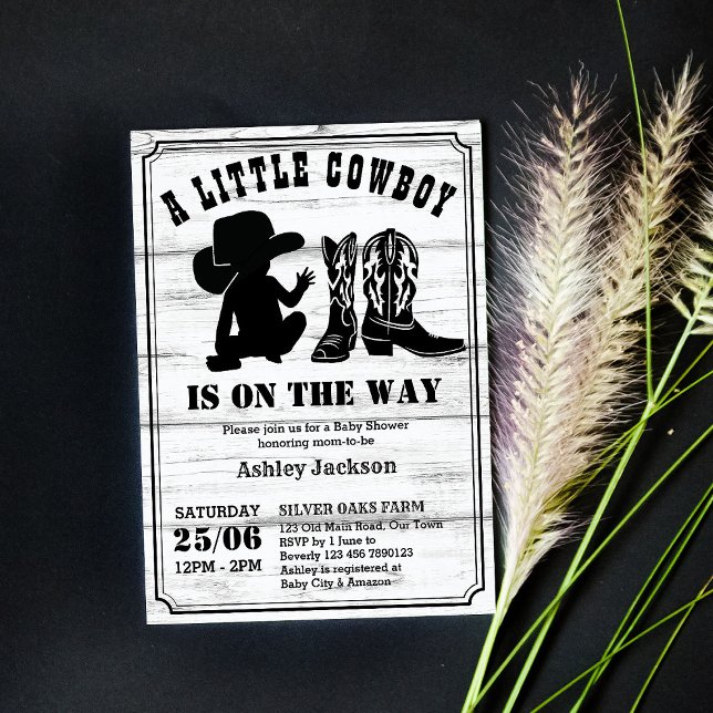 Little cowboy rustic black and white baby shower invitation (Creator Uploaded)