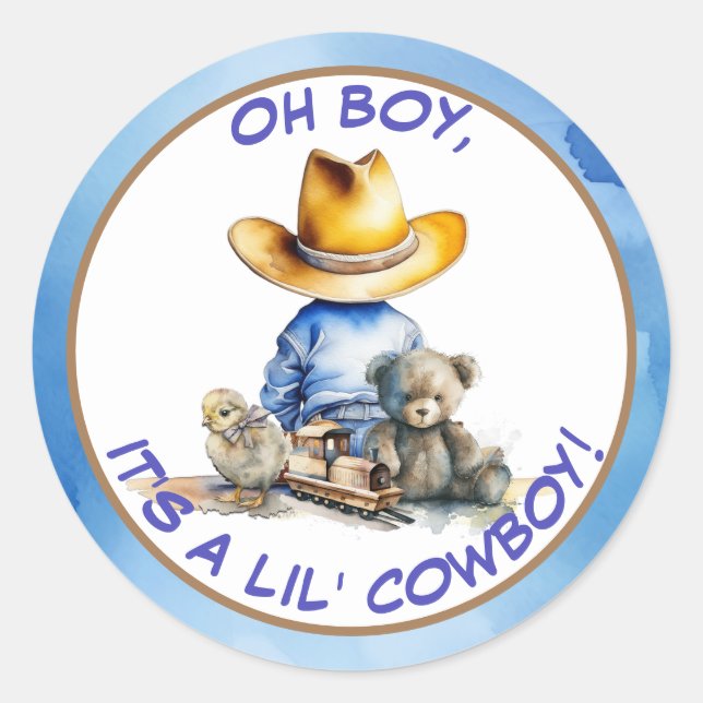 Little Cowboy Themed Baby Shower Classic Round Sticker (Front)
