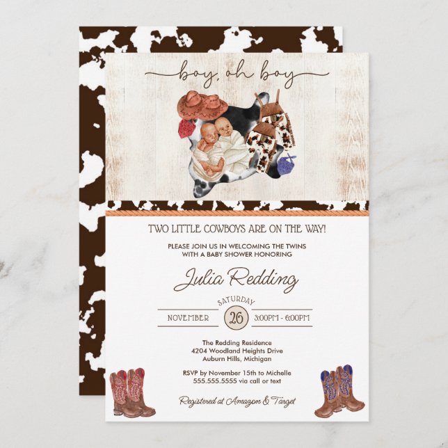 Little Cowboy Twin Boys Western V2 Baby Shower Invitation (Front/Back)