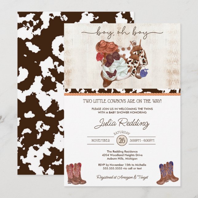 Little Cowboy Twin Boys Western V3 Baby Shower Inv Invitation (Front/Back)