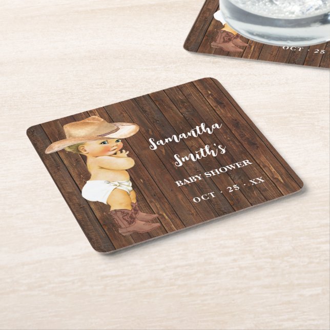 Little Cowboy Western Baby Shower Party Decor Square Paper Coaster (Angled)