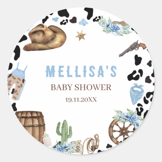 Little Cowboy Western Blue Baby Shower Classic Round Sticker (Front)