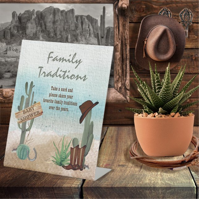 Little Cowboy Western Shower Family Traditions Pedestal Sign (Rustic Western Boy Baby Shower Family Traditions Pedestal Sign -- "A Little Cowboy Is On His Way" )