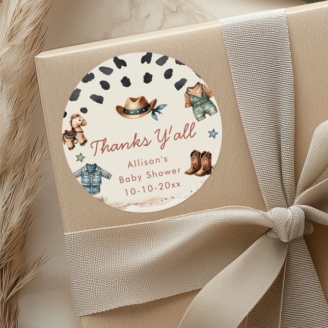 Little Cowboy western theme boy baby shower Classic Round Sticker (Creator Uploaded)