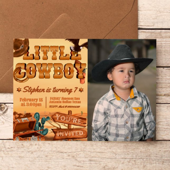 Little Cowboy with Photo Invitation (Little Cowboy -  Boy Birthday Landscape Invitation with Picture)