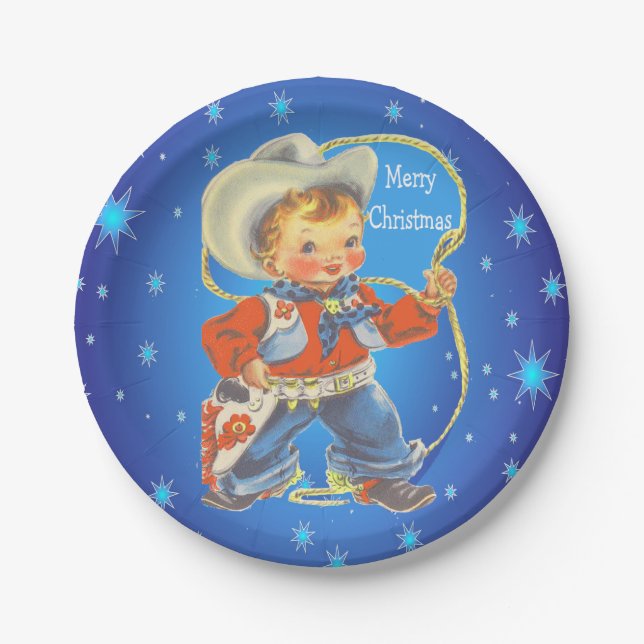 Little Cowboy With Rope Merry Christmas Paper Plate (Front)