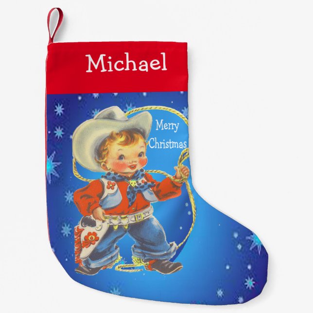 Little Cowboy With Rope Merry Christmas Small Christmas Stocking (Front)