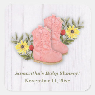 Little Cowgirl Bootie Baby Shower White Wood Square Sticker