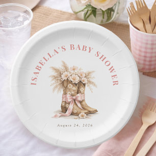 Little Cowgirl Boots And Pink Bow Girl Baby Shower Paper Plate