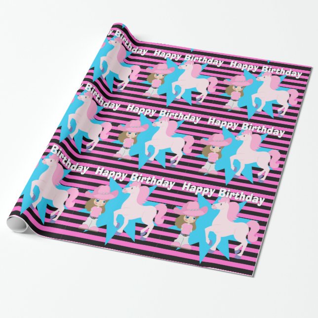 Little Cowgirl Brown Hair with Horse Happy Birthda Wrapping Paper (Unrolled)