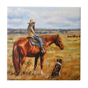 Little Cowgirl on Cattle Horse Tile