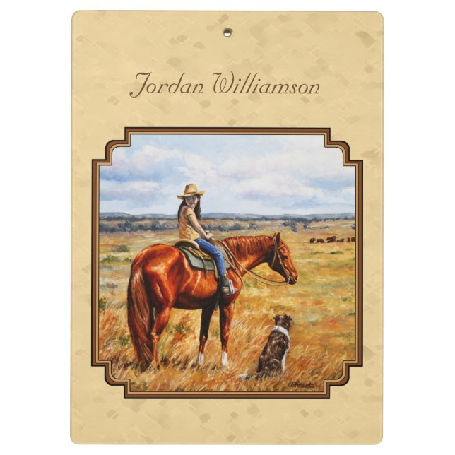 Little Cowgirl on Cattle Horse Yellow Clipboard (Back)
