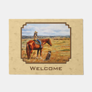 Little Cowgirl on Cattle Horse Yellow Doormat