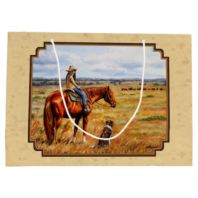 Little Cowgirl on Cattle Horse Yellow Large Gift Bag (Back)