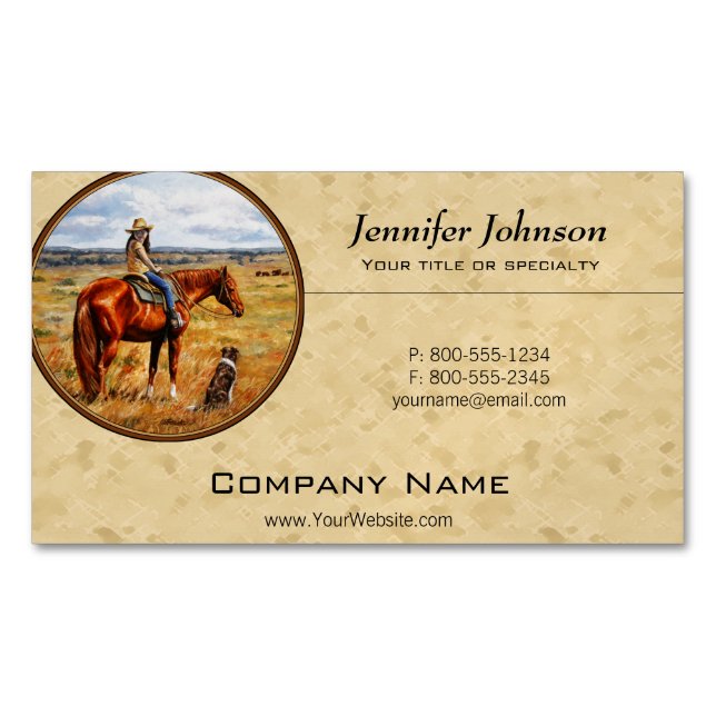 Little Cowgirl on Cattle Horse Yellow Magnetic Business Card (Front)