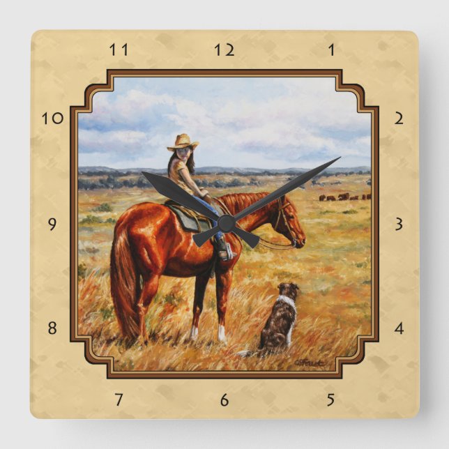 Little Cowgirl on Cattle Horse Yellow Square Wall Clock (Front)
