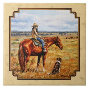 Little Cowgirl on Cattle Horse Yellow Tile