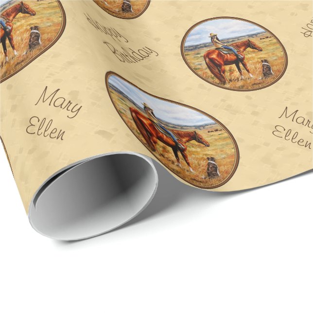 Little Cowgirl on Cattle Horse Yellow Wrapping Paper (Roll Corner)
