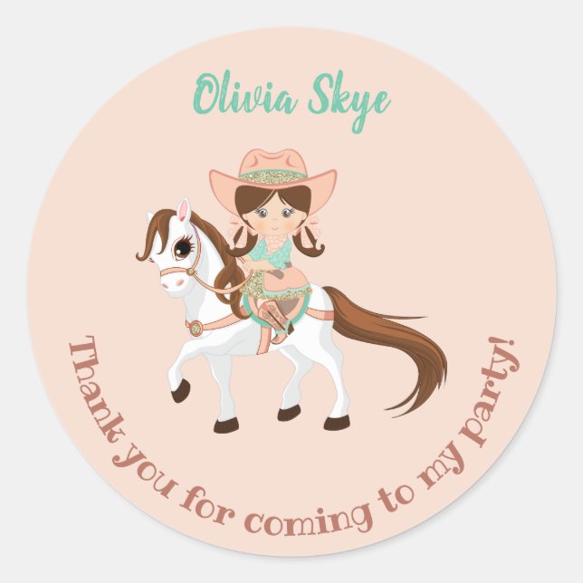 Little Cowgirl on Horse Girls Birthday Classic Round Sticker (Front)