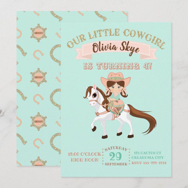 Little Cowgirl on Horse Girls Birthday Invitation (Front/Back)
