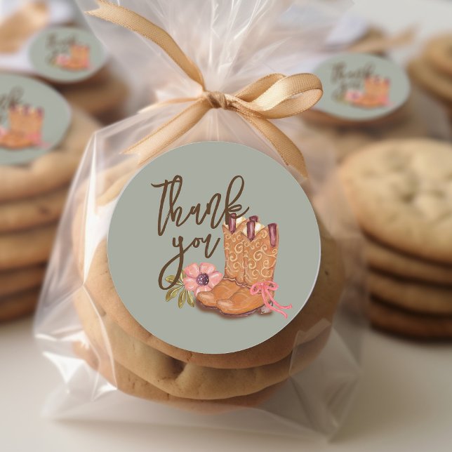 Little Cowgirl Party Floral Botanical Thank You Classic Round Sticker (Creator Uploaded)