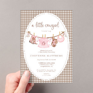 Little Cowgirl Pink Clothesline Baby Shower Acrylic Invitations