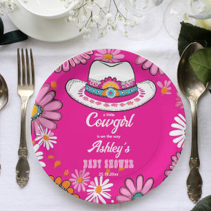 Little cowgirl pink retro daisies hat baby shower paper plate