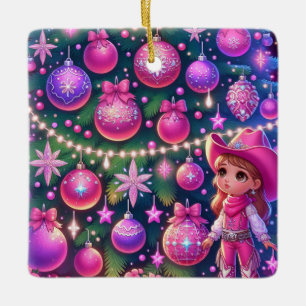 Little Cowgirl Standing In Front Of Tree Christmas Ceramic Ornament